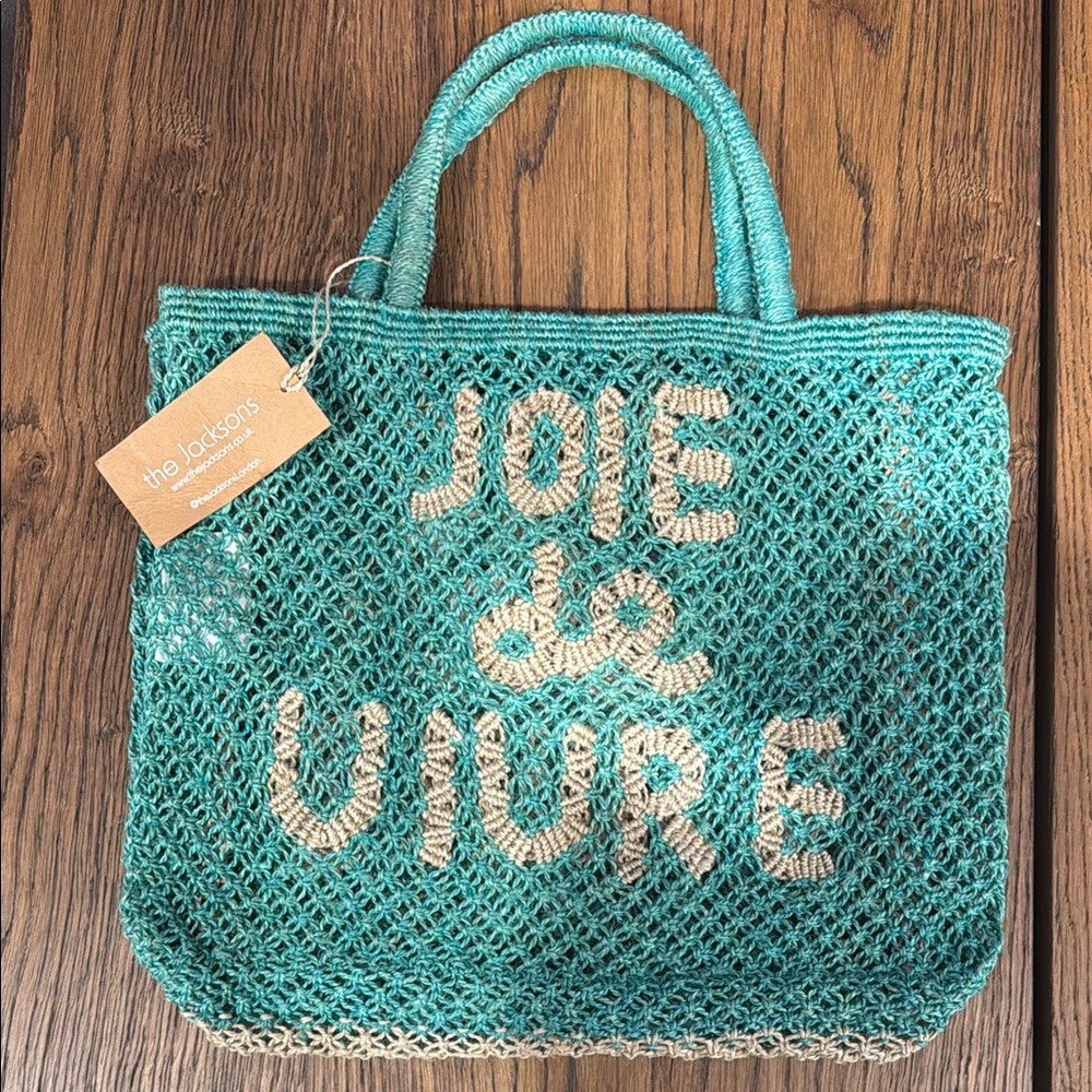 Turquoise Tote Bag with Woven Texture and 'JOIE DE VIVRE' Text